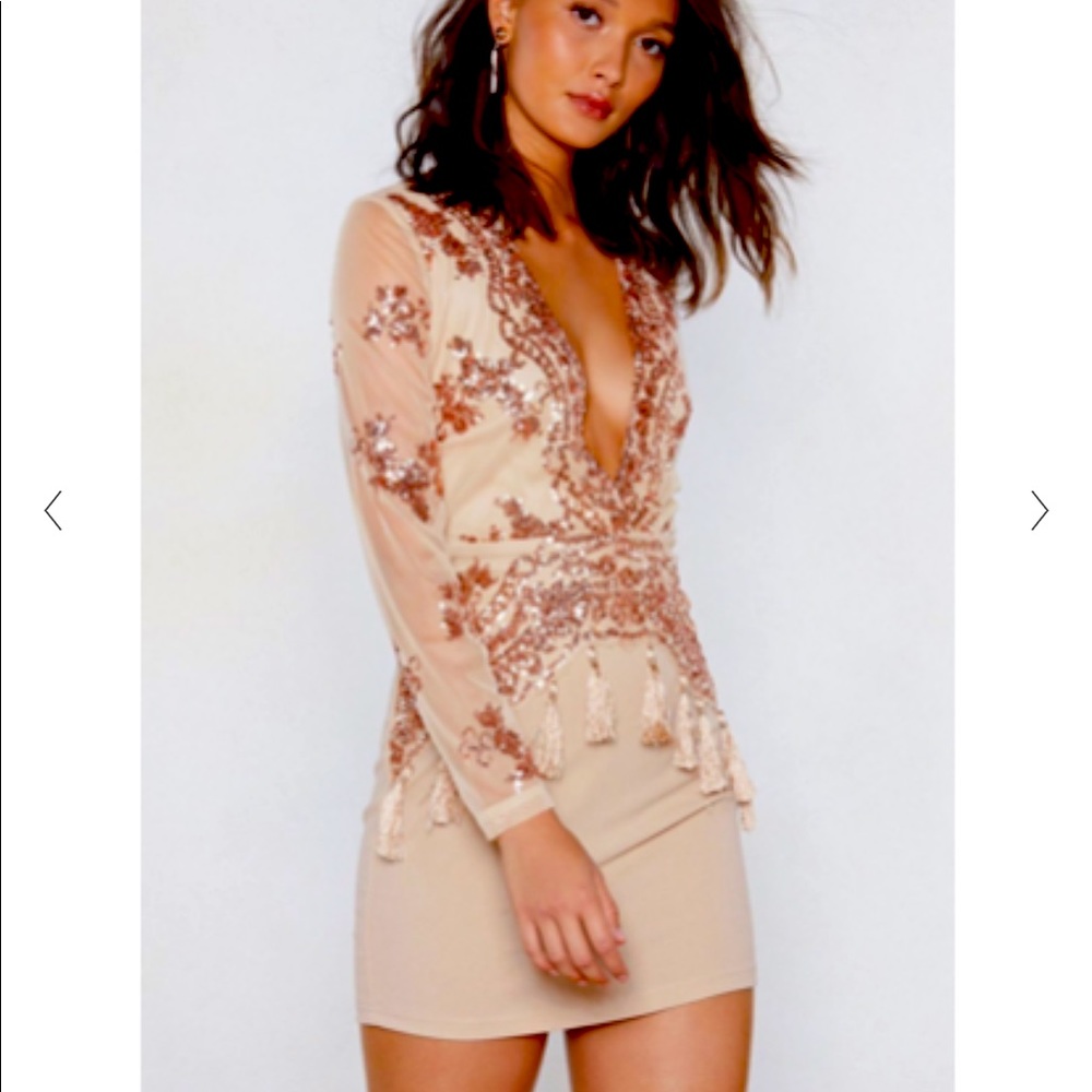 NASTY GAL SEQUIN DRESS. NUDE AND ROSE GOLD MINI DRESS.
